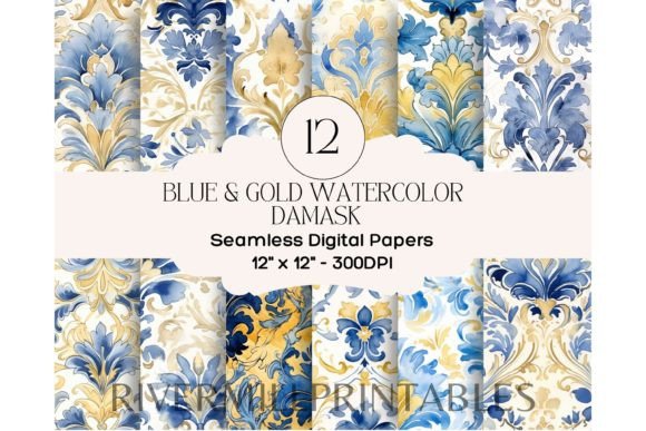 Download Blue &amp; Gold Damask 12 X 12 Digital Paper - 12 x 12 Collection